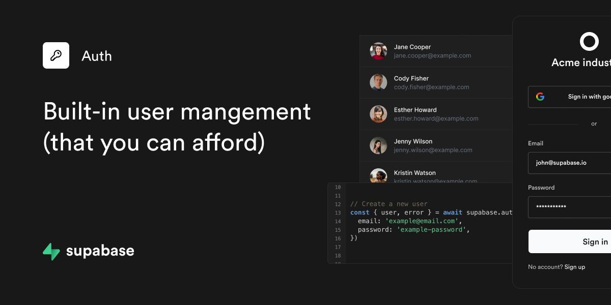 Supabase authentication dashboard showing social logins, magic links, and RLS policies